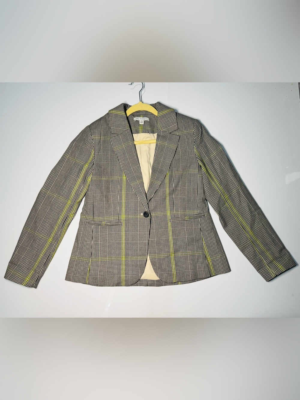 Free Assembly Plaid Black & White Cotton Blazer with Green Accents Small NWOT